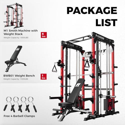 Image of RitFit M1 Pro Smith Machine Package, All-in-One Power Cage with Weight Stack Set, Includes LAT Pulldown & Cable Crossover System for Home Gym