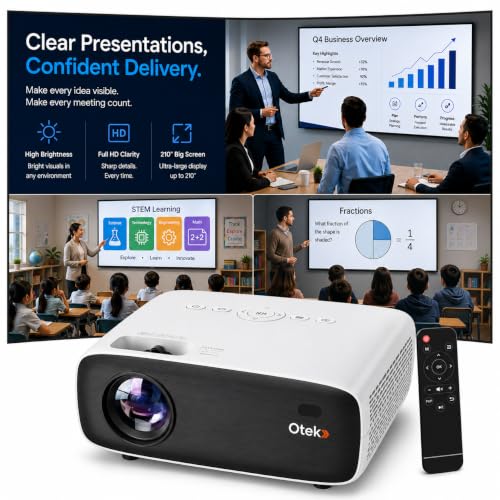 Image of OTEK Epic Native Full HD 1080P Projector for Office & Classroom, 4K Support, 6000 Lumens, Bluetooth 5.3, Dual HDMI USB, 210 Inch Display, Wired Non-Smart