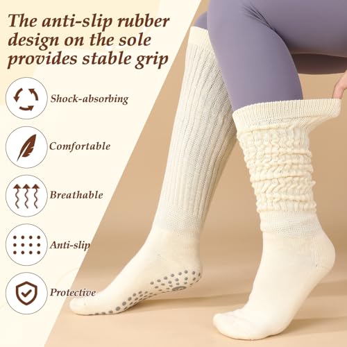 Jspupifip 4 Pairs Grip Pilates Socks for Women Non Slip Yoga Slouch Socks with Grips for Barre Workout Hospital Long Scrunch Slipper Sock3