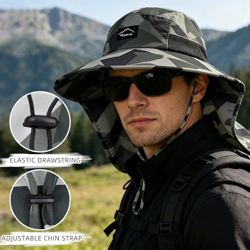 Image of Rosoz Outdoor Sun Hat for Men Women, UPF50+ Protection Safari Cap Wide Brim Mesh Fishing Hat with Neck Flap Beach Garden