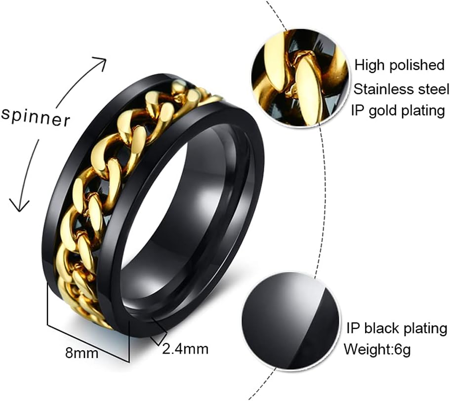 MMTTAO Men's Spinner Fidget Chain Ring Rotation Anxiety Relief Wedding Band for Men Women Stainless Steel Intertwine Ring Motorcycle Biker Bicycle Punk Rock Male Engagement Band Comfort Fit Size 6-15