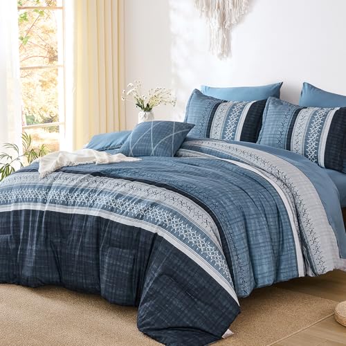 Image of Dintszyayue Navy Blue King Comforter Size Set, 8 Pieces Striped Texture Bed in a Bag Bedding Sets, Lightweight Soft Comforter and Sheet Set, All Season Microfiber Teen Boys Bedding Sets for Men Women
