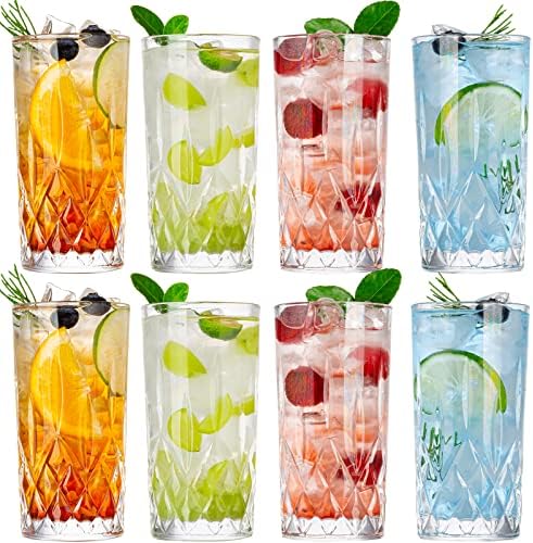 Claplante Crystal Highball Glasses, Set of 8 Glass Drinking Glasses, 11 oz Durable Drinkware Cups for Cocktails, Water, Juice, Beer, Wine-Special Edition Glassware Set, Dishware, Dishwasher Safe