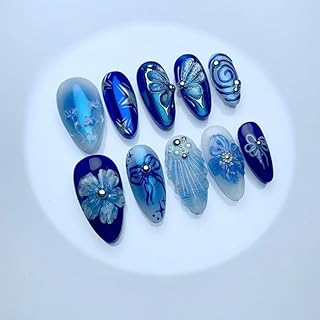 Press on Nails Kurz,Almond Blau 3D Blumen Floral Schmetterling Glitzer Silber Schleife Fliege Bow Tie Design Mandel Y2k Fake Nails mit Nagelkleber,Silver Sommer Künstliche Fingernägel