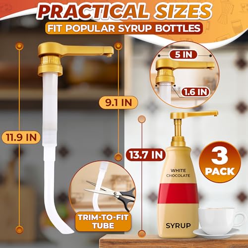 Image of Pump for Coffee Syrup Bottle Set of 3 - Compatible with Torani, Davinci (64oz), and Ghirardelli (87-90oz) Bottles | Sauce Pump Dispenser 0.5oz Each Press - Adjustable Long Tube & Lockable Design