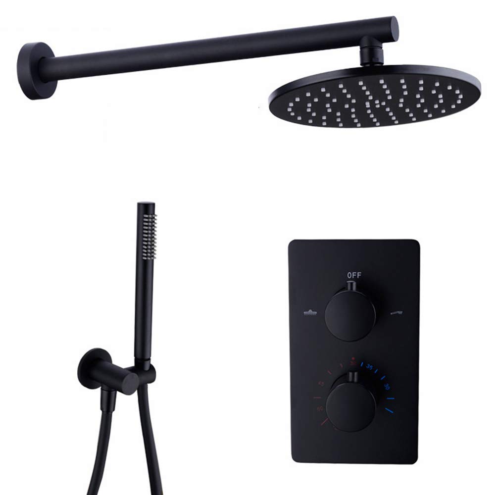 Système de douche thermostatique noir mural en laiton avec pommeau pluie