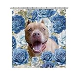 GABSHAIM Pitbull Blue Rose Floral Shower Curtain Funny Dog Puppy Flowers Bath Curtain Bathroom Home Decor with 12 Hooks 66x72 Inch Style 4