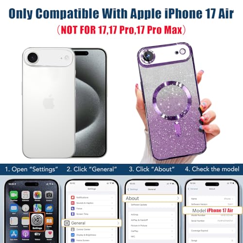 Image of Misscase for iPhone Air Case Compatible with MagSafe,Built-in Camera Lens Protector Full Protection Soft TPU Anti-Scratch Magnetic Glitter Slim Case Cover for iPhone 17 Air 6.5 inch Purple