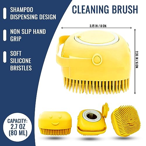 Image of Dog Finger Toothbrush, Dog Shampoo Brush, Dog Accessories: 3 in 1 Dog Bath Brush and 2 Finger Tooth Brush Kit, Essential Puppy Products for Teeth Cleaning, Bathing, and Grooming (Yellow).