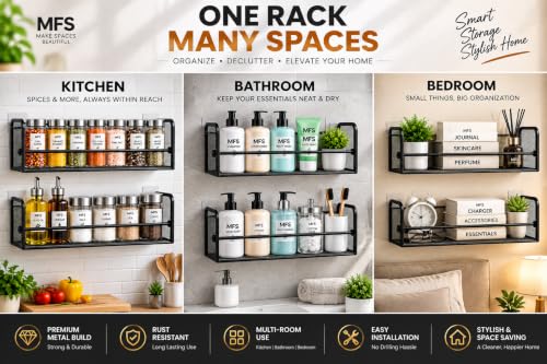Image of self adhesive Wall Mounted Kitchen Rack | Multipurpose Metal Organizer Shelf for Jars, Spices & Bottles | Space Saving Kitchen Items Storage Rack (3)