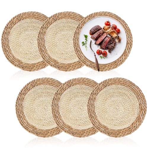 Round Placemats Set of 6, 30cm Table Mats Woven Rattan Placemats Water Hyacinth Handmade Place Mats for Table Kitchen Dining Home Wedding