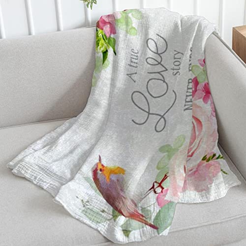 Couverture de lit moelleuse rose avec fleurs et oiseaux pour lit fille ou garçon