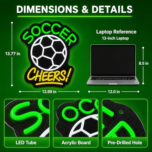 Image of Soccer Cheers LED Neon Sign, Green Ball Wall Light for Sports Bar, Fan Cave, Game Room, Bedroom and Team Room Decor, USB Powered Dimmable Gift for Fans, 13.8 x 13 in
