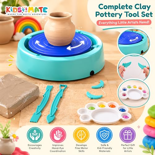 Image of Kidsmate Pottery Making Kit for Kids | DIY Art & Craft Clay Kit with Battery Operated Pottery Wheel, Paints, Tools & Brushes | Creative Toys for Kids 6+ Years