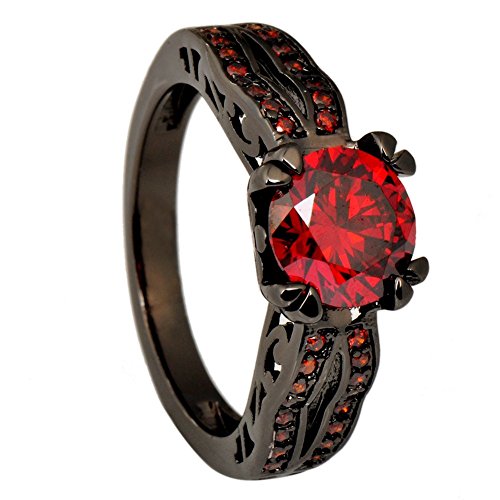JunXin Black Gold 8MM Round Dark Red Ruby CZ Filled Solitaire Ring Engagement Size5/6/7/8/9/10/11