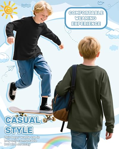 3 Pack Boys Waffle Long Sleeve T-Shirts 5-14 Years, Cotton Thermal Crewneck Tops Kids Fall Warm Shirts Basic Tees2