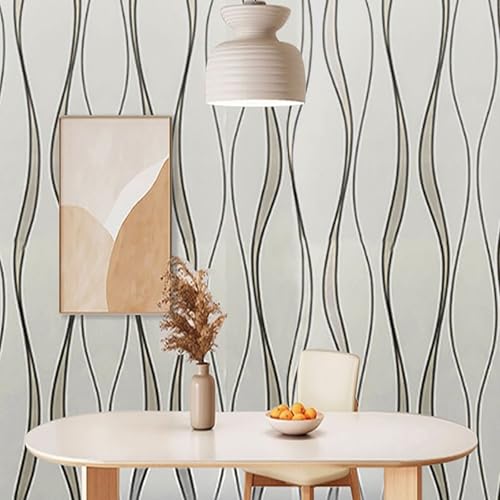 Anttyscar Embossed Wallpaper Non-Woven Wave Stripes Roll 3D Silver Glitter Wallpaper Feature Modern Geometric Patterned Taupe for Livingroom Bedroom Kitchen
