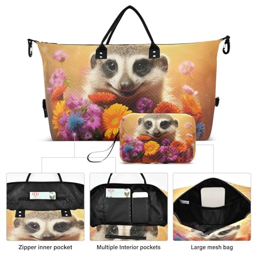 Large Travel Duffel Bag, Cute Meerkat with Bouquet Sports Tote Gym Bag, Shoulder Weekender Overnight Bag for Women Men, Carry On Luggage with Toiletry Bags2