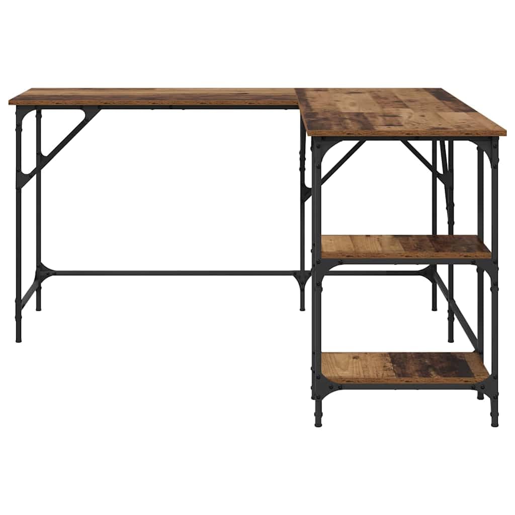 Escritorio de madera recuperada en forma de L, 139 x 139 x 75 cm, madera con patas de acero, altura regulable, con estante y cajón, espacio de trabajo ergonómico para oficina, oficina en casa
