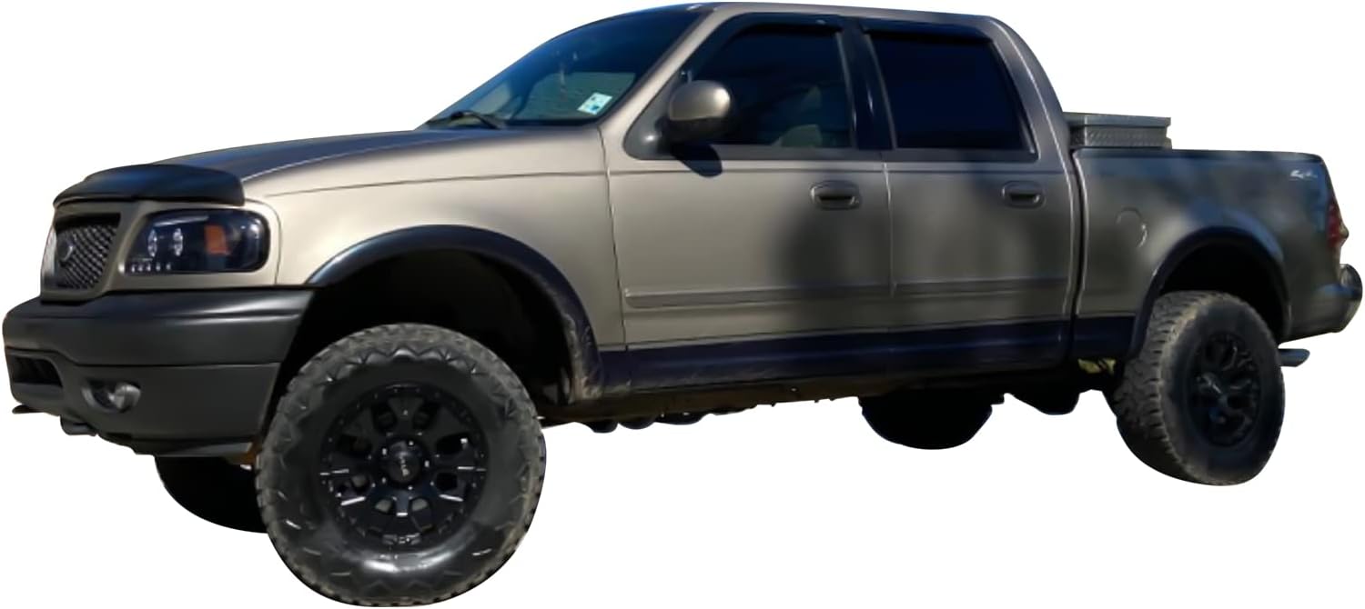 FREEMOTOR802® Tape-on Side Window Visors Wind Deflectors Rain Guards Vent Visors, Compatible with 2001-2003 Ford F-150 Crew Cab, 2002-2003 Lincoln Blackwood, Slim Style Smoke Tinted Acrylic 4 Pieces