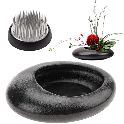 Folmywy Kit de jarrón de cerámica japonesa Ikebana con soporte de tallo de flores de rana Kenzan de 1.57 pulgadas, jarrón redondo negro con forma de guijarro para centros de mesa, suministros de arte