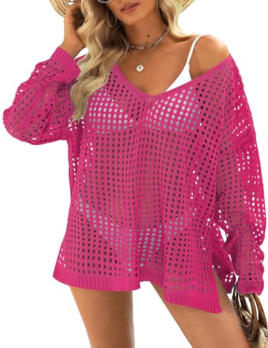 Image of Womens Summer Tops Crochet Sweaters Swimsuit Cover Ups Hollow Out Loose Lightweight Beach Knit Pullover