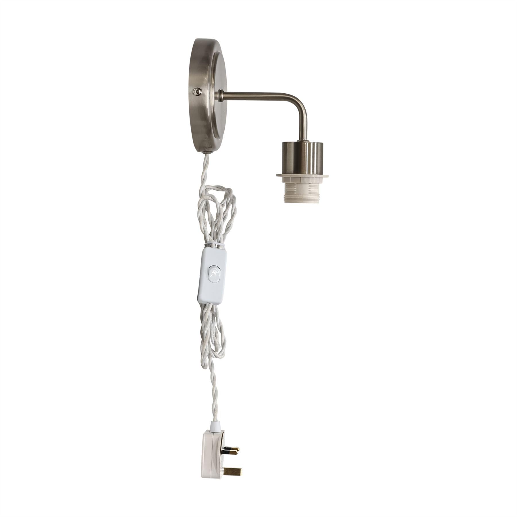 Satin Nickel Plug in Wall Light or Reading Bedside Lamp, Inline On/Off Switch, 3 Pin, Fitting Only