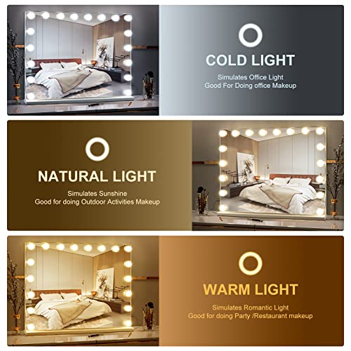 Hollywood Vanity Mirror with Lights: 28 x 22 Inch Makeup Mirror with 18 Dimmable Bulbs and Touch Control in 3 Color Modes