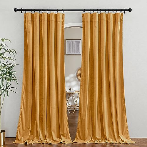 Image of RYB HOME Gold Velvet Curtains - Super Soft Warm Feeling Window Curtains & Drapes Energy Efficiency Boho Decor for Living Room Home Office, W 62 x L 84, 2 Panels
