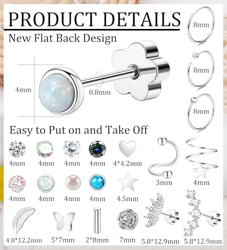 Staligue 21 Pairs Surgical Steel Flat Back Earrings Set for Women Men Hypoallergenic 20G Stainless Steel Stud and Hoops Earrings for Sensitive Ears Small Cz Heart Star Moon Opal Cartilage Earrings2