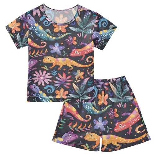 ALAZA Lizard Floral Black Pajamas Short Sleeve 2 Piece Sleepwear Top and Bottom Pajama Set Unisex