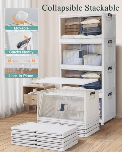OlarHike 97QT Stackable Storage Bins with Lids - Folding Storage Box with Doors and Wheels, Collapsible Plastic Storage Drawers for Closets, 5 Pack Cubes