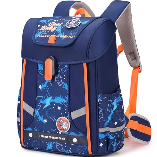 Amythe Schulrucksack Jungen Ergonomisch 1-4. Klasse mit Brustgurt, 2025 Kinderrucksack Schule 6-10 Jahre Schulranzen mit Abnehmbarer Gürtel und Reflektierend-Blau