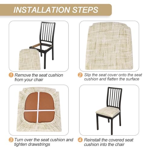Image of SearchI Seat Covers for Dining Room Chairs Stretch Printed Chair Seat Covers Set of 6, Removable Washable Upholstered Chair Seat Protector Cushion Slipcovers for Kitchen(Beige Linen-Look Print)