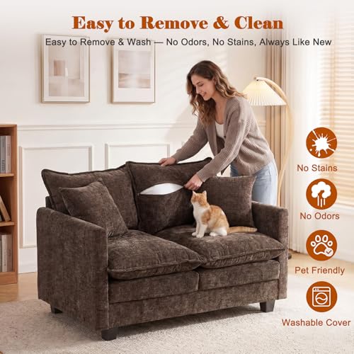 Image of 50'' Loveseat Sofa Cloud Sofa Couch, Modern Loveseats 2 Seat Couch 27 inch Deep Seat with 2 Pillows for Small Spaces Apartment Studio Office Bedroom Living Room, Brown
