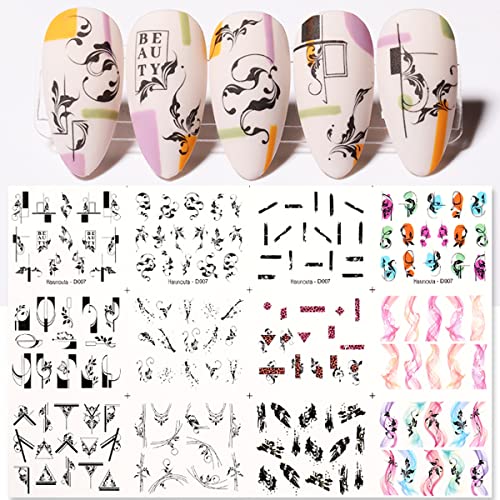 72 Sheets Water Transfer Nail Art Stickers Black White Geometric Pattern French Tip Colorful Stripes Flower Nail Decals Acrylic Nail Design Accessories Supply #TOP1