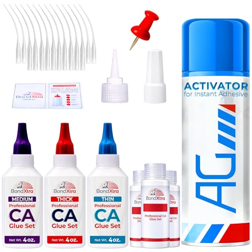 CA Glue with Activator Kit & Super Glue Accelerator 16.9 fl oz (3 x 4 oz Net Weight: Thin, Medium & Thick) Professional Wood Glue for Woodworking, 3D Printing, Ceramic & DIY