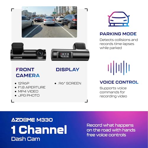 Image of AZDOME M330 1080P FHD Dash Cam, Built-in WiFi Dashcams for Cars, Voice Control Car Camera, 0.96 inch Screen, Super Capacitor, Night Vision, G-Sensor, Parking Monitor, Loop Recording