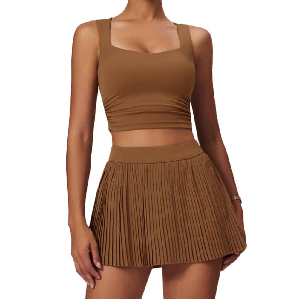 XYFfybhsd Women's Quick Dry Breathable Tennis Wear Set Sport Bra High Waist Shorts with Inner Pocket for Gym Fitness Yoga(Size:XL,Color:Brown)