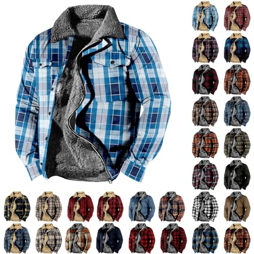 Flannel Jacket for Men Without Hood Zip up Hooded Heavyweight Thick Fleece Lined Winter Warm Plaid Shirt Jacket Big Tall