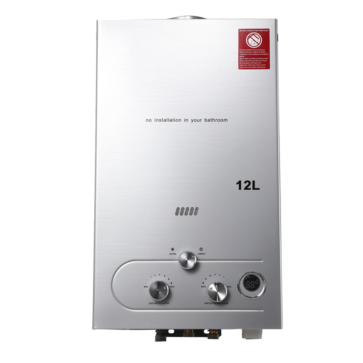 12L 24KW Gasdurchlauferhitzer, LPG Warmwasserbereiter, 3,2 GPM Propangas Tankloser Kesselbrenner Sofort-Heißwasserbereiter mit Duschkopf-Kit für Kleine Häuser, Kabinen, Campingdusche silber