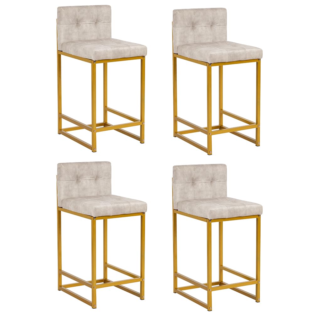 GIA 24 Inch Counter Height Square Backrest Bar Stools for Kitchen Island,Set of 4,Upholstered in Beige Velvet with Gold iron Leg
