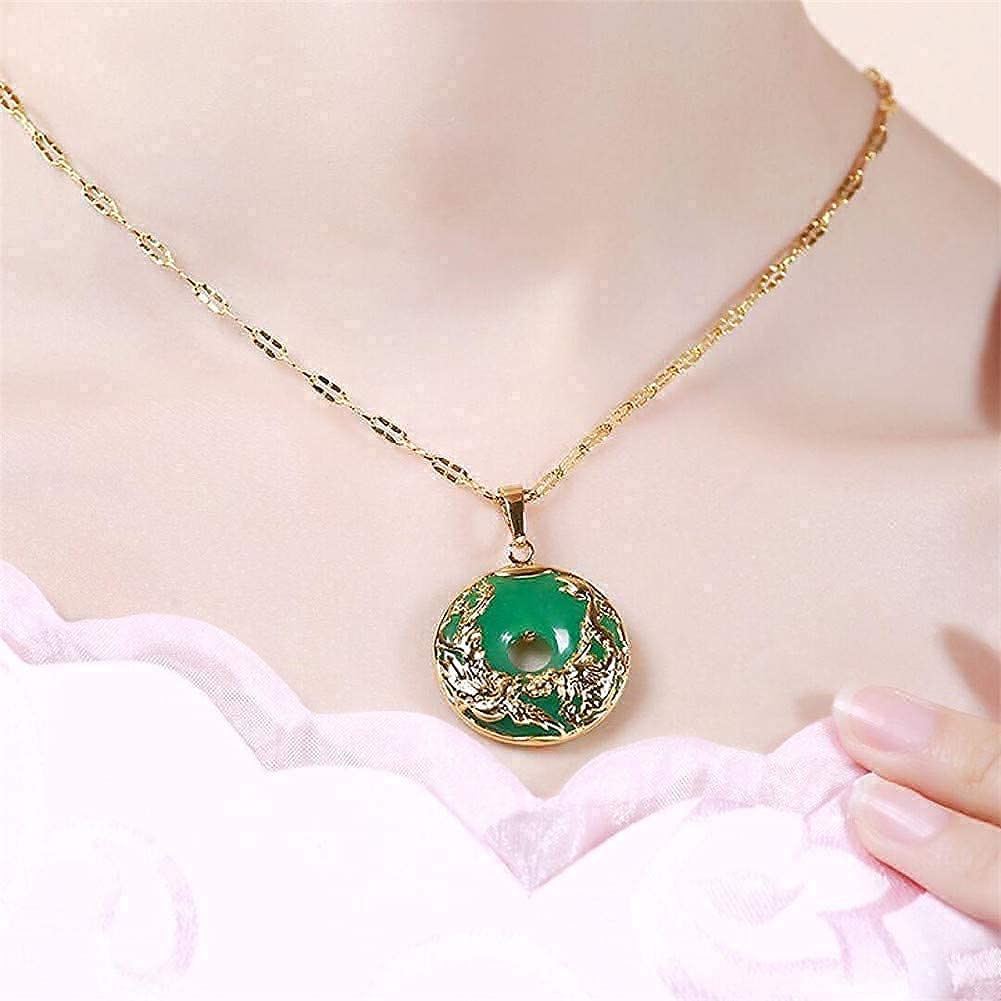 Green Gem-stone Necklace with Gold Dragon Phoenix Pendant Lucky Donut Crystal Clavicle Chain for Mother Mom Women wife Girl Lover's Jewelry Amulet Protection gift, 23.6'' Chain
