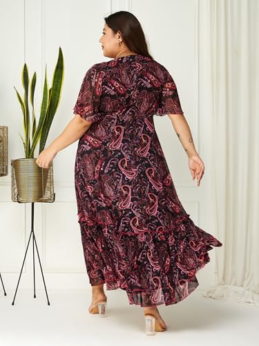 Image of Miss Chase A+ Women's Bohemian V-Neck Flutter Sleeve Chiffon Relaxed Fit Wrap Maxi Dress