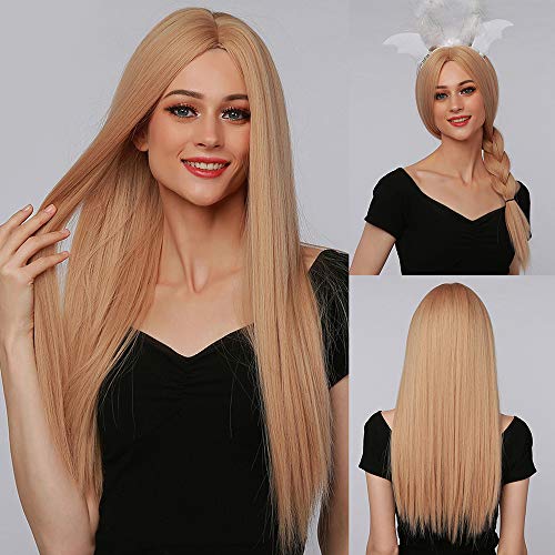 Long Straight Wigs for Women, Ombre Light Brown Blonde Synthetic Wig with Wig Caps, Heat Resistant Natural Looking Full Wigs for Daily Party Cosplay (21 inch, Ombre Light Brown Blonde)