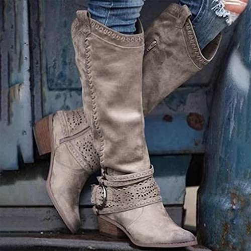 Hbeylia Knee High Western Cowboy Cowgirls Boots For Women Vintage Boho Lace Leather Pointed Toe Chunky Block Mid Heels Knee Length Long Boots With Side Zip Fashion Winter Fall Dress Tall Boots2