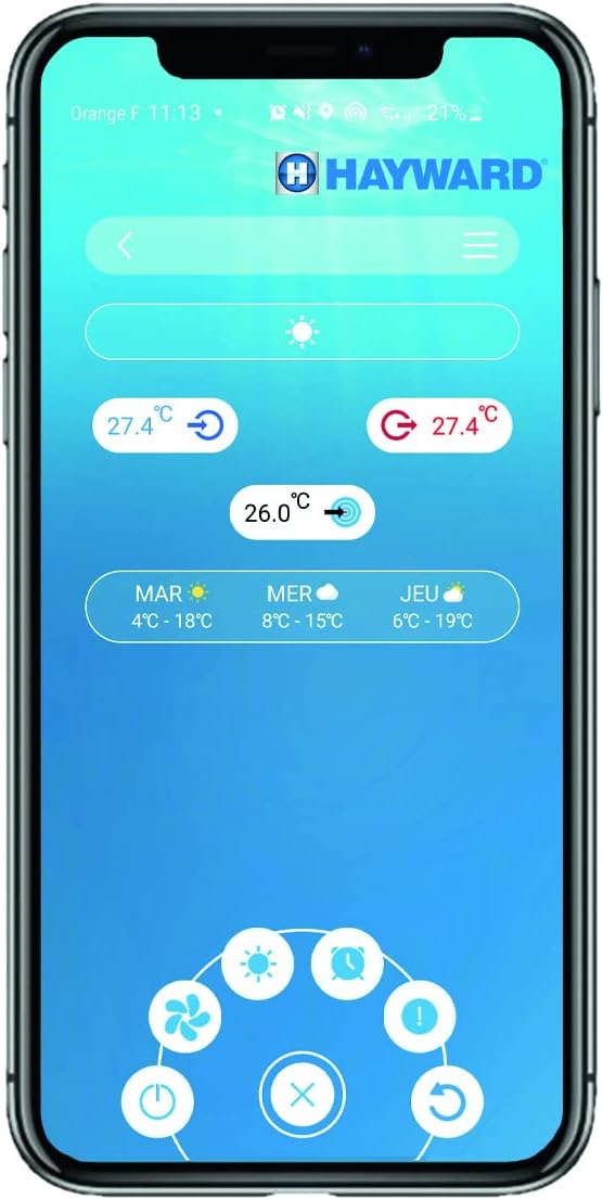 Smartphone screen displaying Hayward app interface for heat pump control
