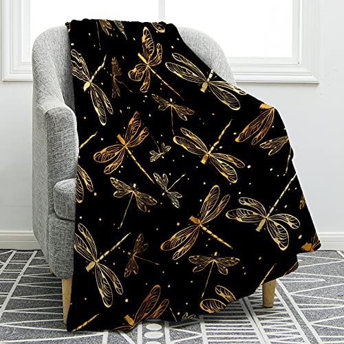 Jekeno Dragonfly Blanket Gifts for Women Kids Mom Home Bedroom Living Room Birthday Mothers' Day Decor Soft Cozy Lightweight Throw Blankets Golden Black 50"x60"