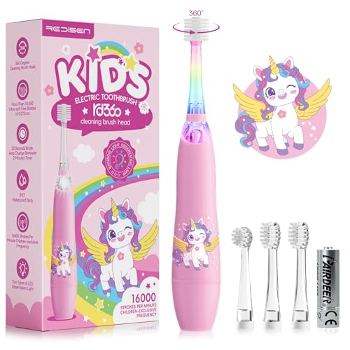 ReDISEN Electric Toothbrush for Kids Toddler 1-5 Years Unicorn Toothbrush with LED Light 360 Sonic Baby Toothbrush 2 Min Timer Gentle Vibration Pink Unicorn Design for Girls