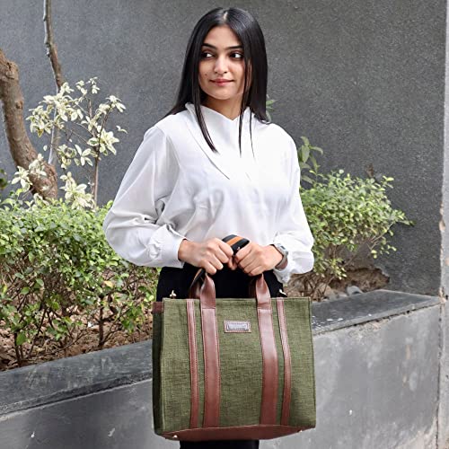 Image of Book Tote Handbag | Handloom Woven Cotton And Vegan Leather | Laptop | Tote Bags for Women For Office Use, Work | Ladies Stylish Shoulder Bag | Ethically Sourced, Lightweight